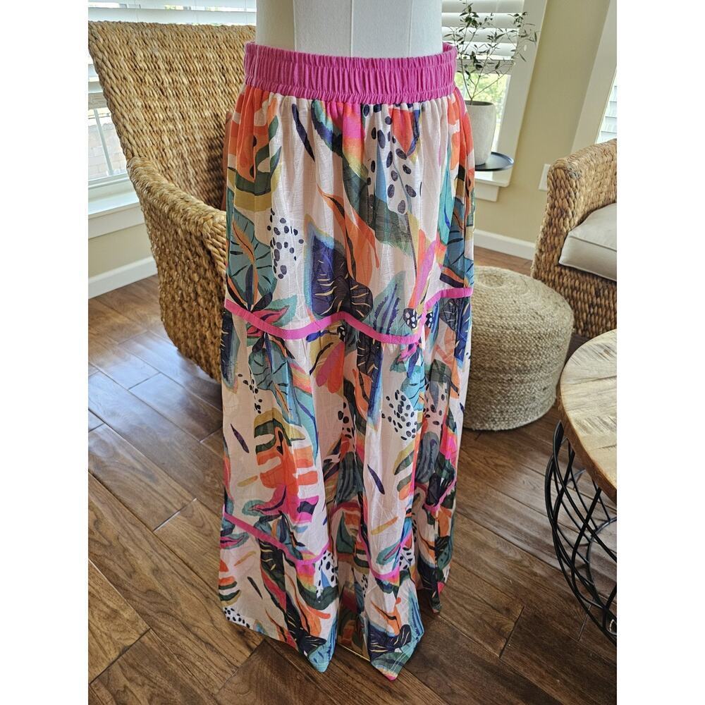 Ott Tropical Floral A-Line Skirt Boho Beach Resortwear Women's Size M Midi